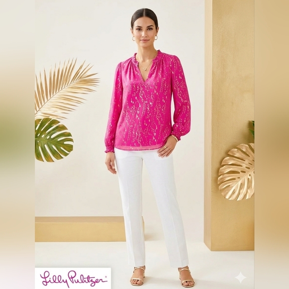 Lilly Pulitzer Tops - Lilly Pulitzer Pink Topaz Silk Metallic Gold Ruffle V-Neck Blouse Large